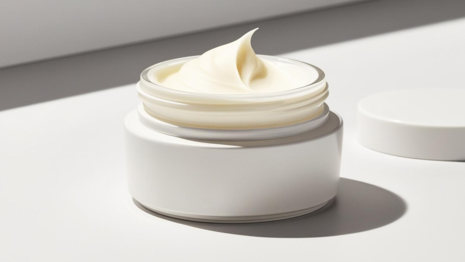 Un barattolo di crema viso aperto e uno sfondo neutro