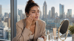 Una ragazza che si guarda allo specchio in un ufficio